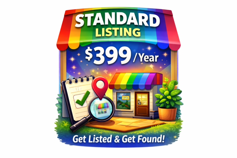 picture of a pride store with the letters Standard listing at 399 for the year, get listed and get found.