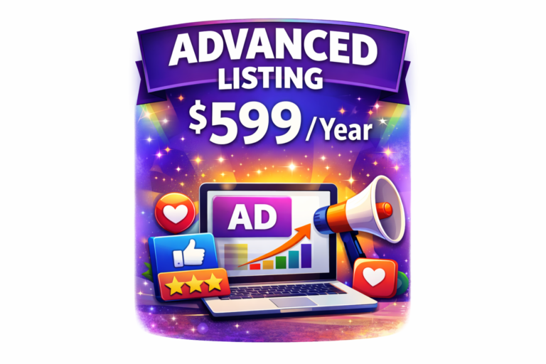 text with a computer with the word ad and a mega phone with the advanced listing and price of $599 for the year
