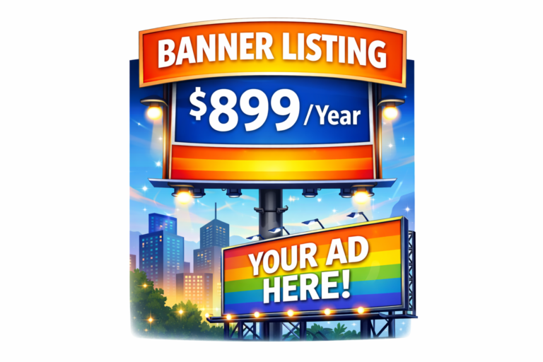 Text that says Banner Listing $899 per year, with a city and bill board that says your add here,