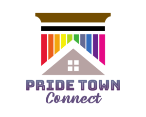 Pride town connect logo with the words Pride Town Connect under a home with pride colors
